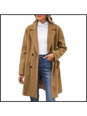 Wool Blend Double Breasted Notch Lapel Trench Coat